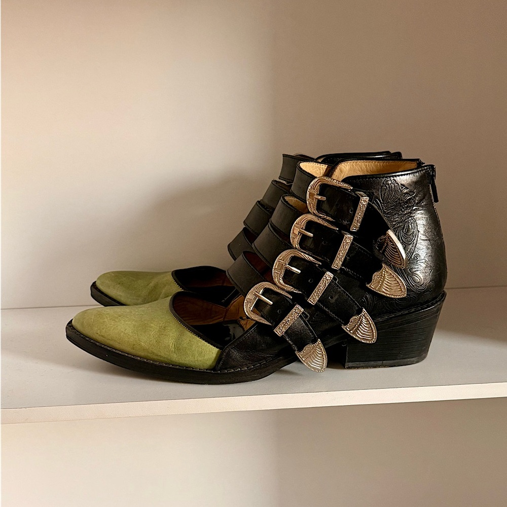 TOGA Pulla Black and Green Buckle Ankle Boots